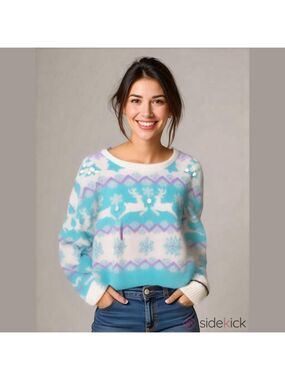 33 Degrees XL Fair Isle Sweater Teal White Sequins